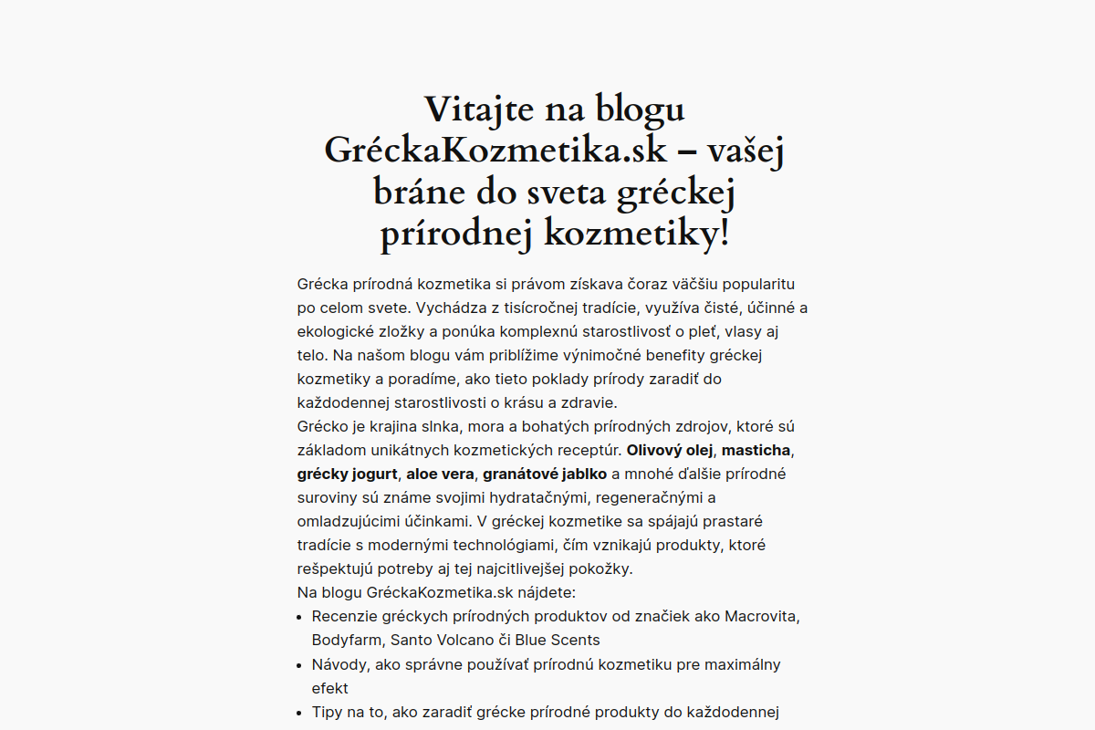 Náhľad webu GréckaKozmetika.sk – prírodná kozmetika, značky a tipy zo Stredomoria