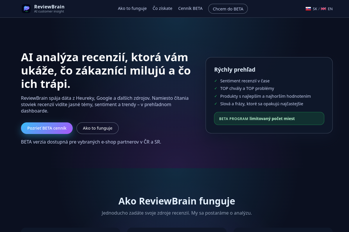 Náhľad webu ReviewBrain – AI analýza recenzií pre e-shopy, značky a firmy