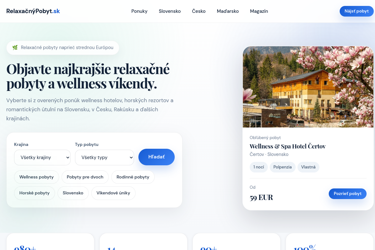 Náhľad webu RelaxačnýPobyt.sk – wellness pobyty, relax a tipy na oddych