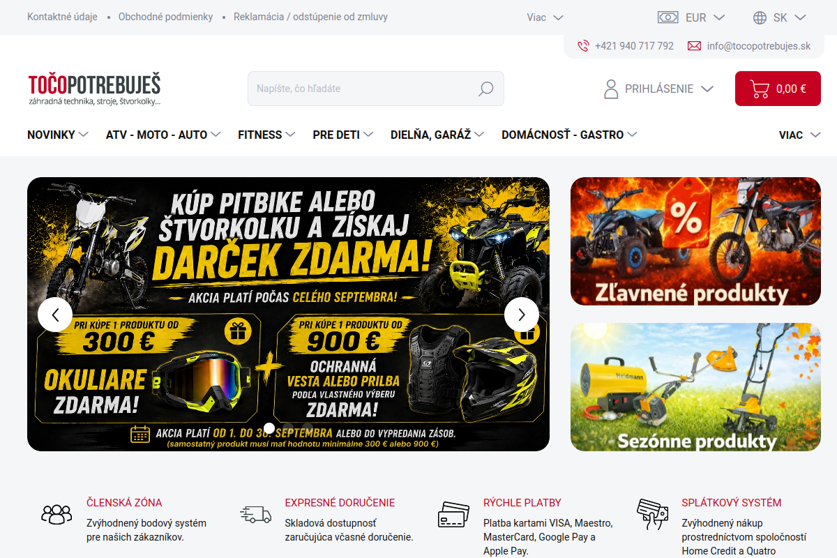 Náhľad webu TOČOPOTREBUJEŠ.sk – od štvorkoliek a náradia až po záhradu a domácnosť