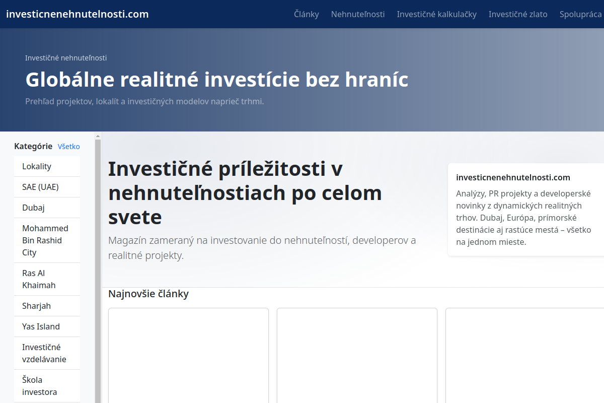Náhľad webu Investičné Nehnuteľnosti – analýzy, projekty a realitné príležitosti