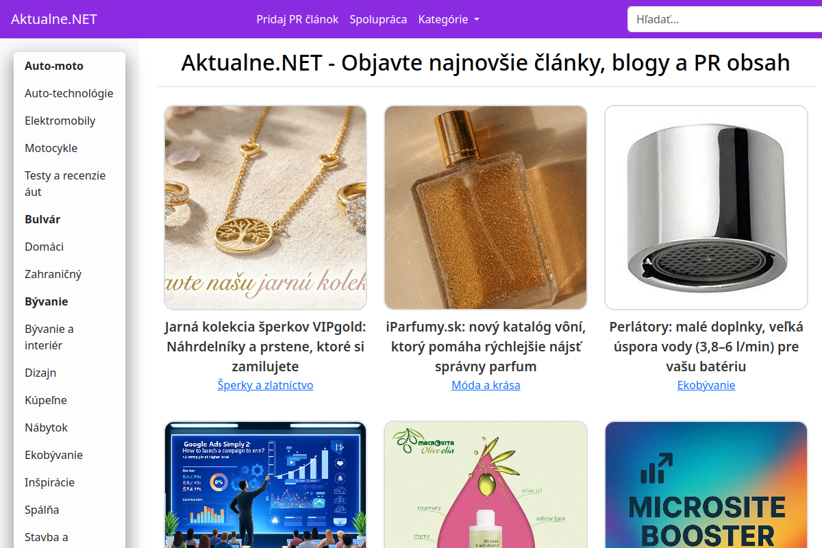 Náhľad webu Aktualne.NET – články, správy, blogy a PR obsah z rôznych tém