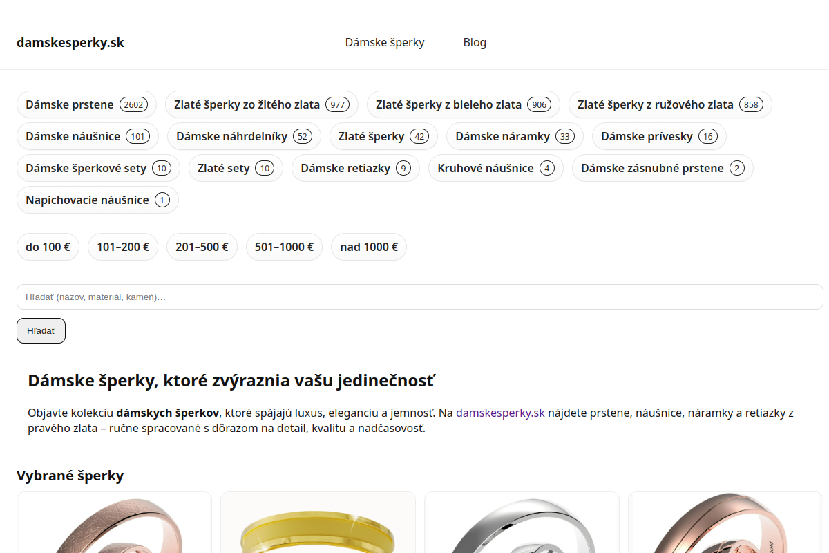 Náhľad webu Dámske šperky – zlaté prstene, náušnice, náramky a retiazky