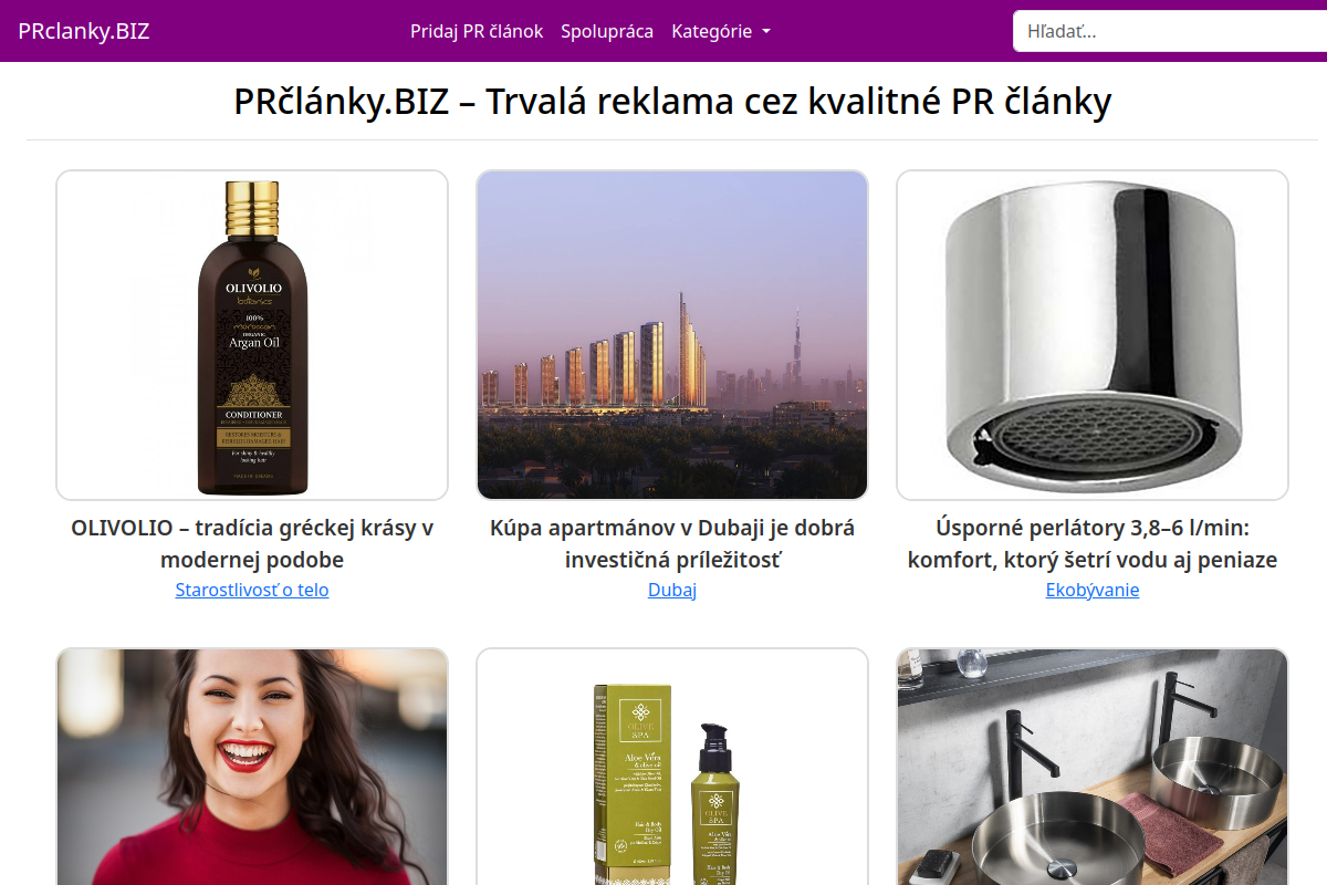 Náhľad webu PRclanky.biz – publikovanie PR článkov, SEO a online marketing