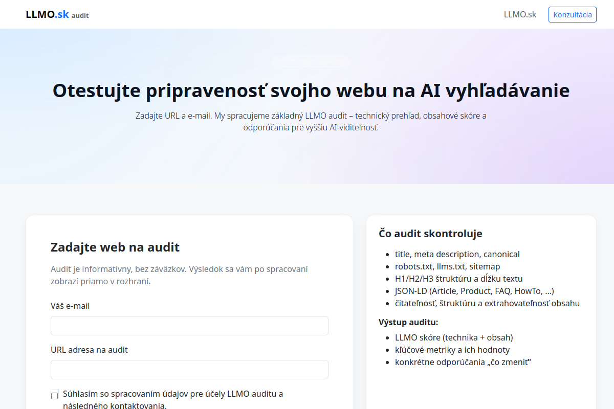 Náhľad webu LLMO audit – rýchly test pripravenosti webu na AI vyhľadávanie