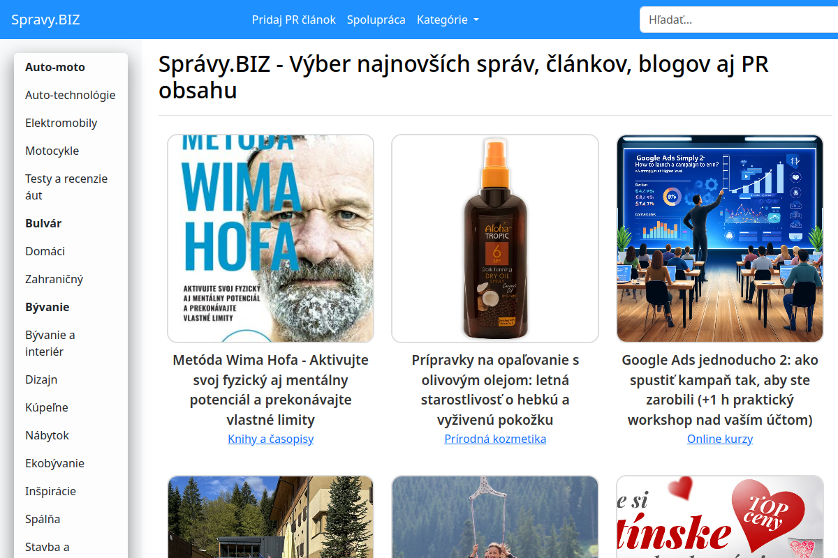 Náhľad webu Spravy.biz – články, novinky, zaujímavosti a PR obsah