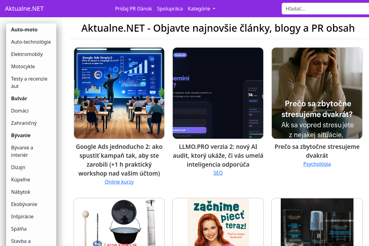 Náhľad webu Aktualne.NET – články, správy, blogy a PR obsah z rôznych tém