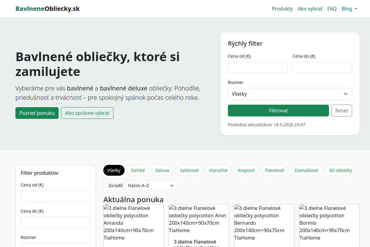 Náhľad webu Bavlnené obliečky – kvalitná posteľná bielizeň pre lepší spánok